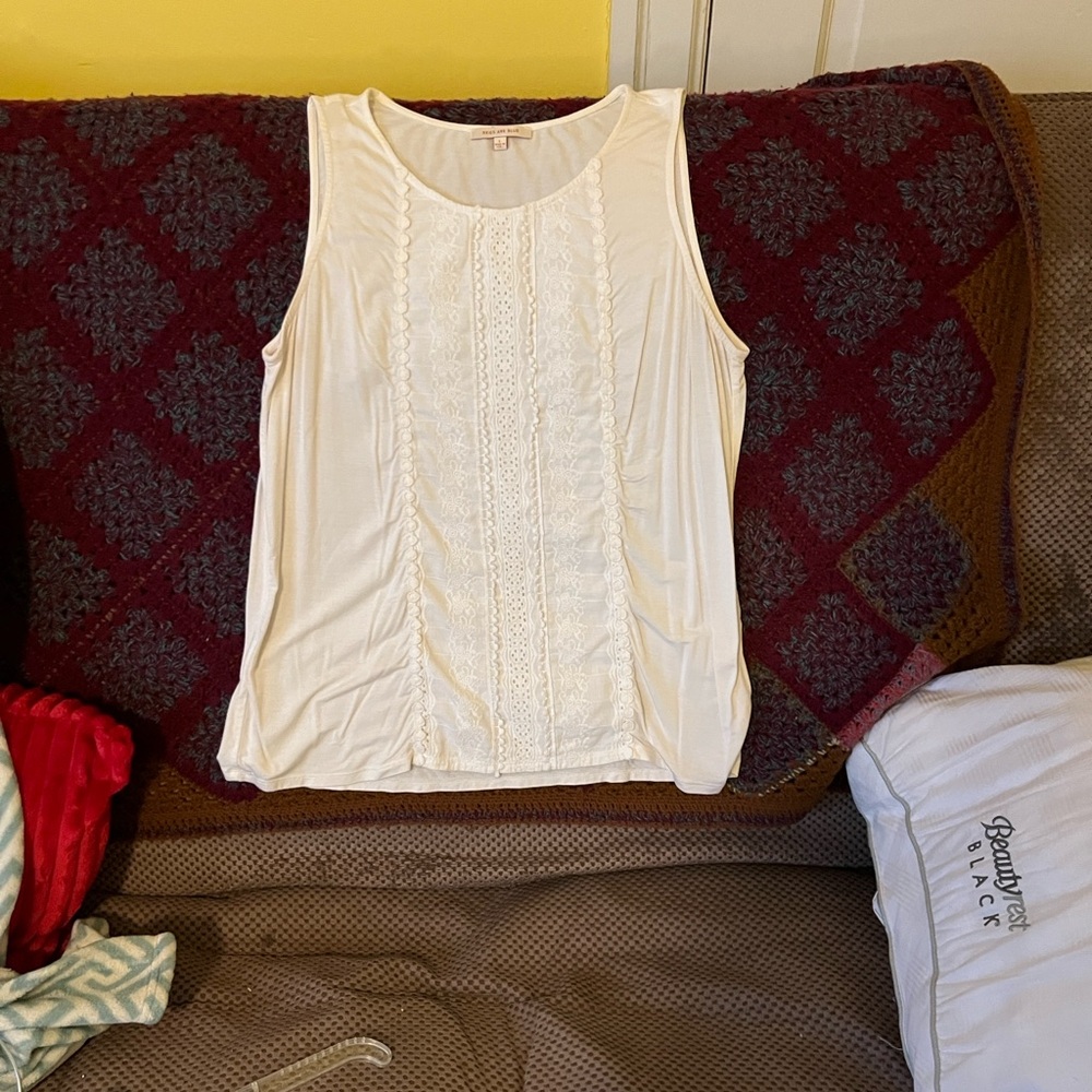 “Skies Are Blue “ white crochet Detail Tank Top.